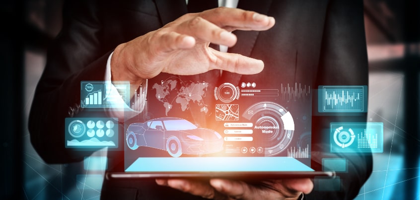 A dashboard view of a Dealer Management System with CRM 360° insights.