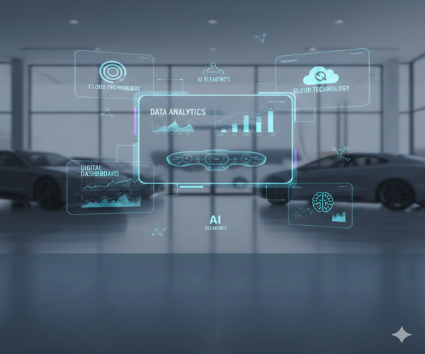A high-tech, modern automotive dealership showroom featuring sleek car silhouettes in the background and a series of glowing blue holographic interfaces in the foreground representing data analytics, AI, cloud connectivity, and digital dashboards.