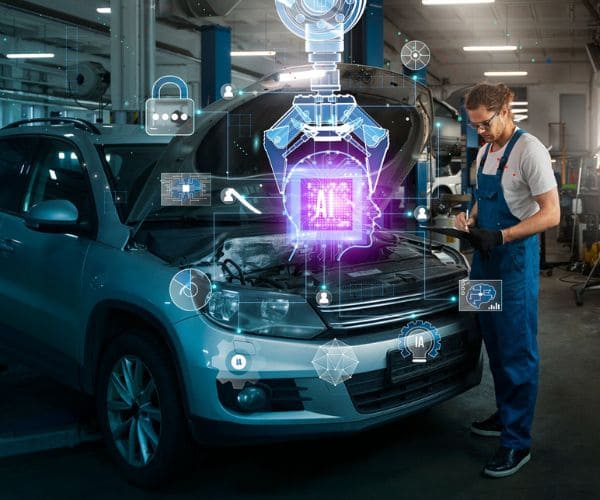 AI-powered predictive maintenance system analyzing vehicle data in modern after-sales service environment