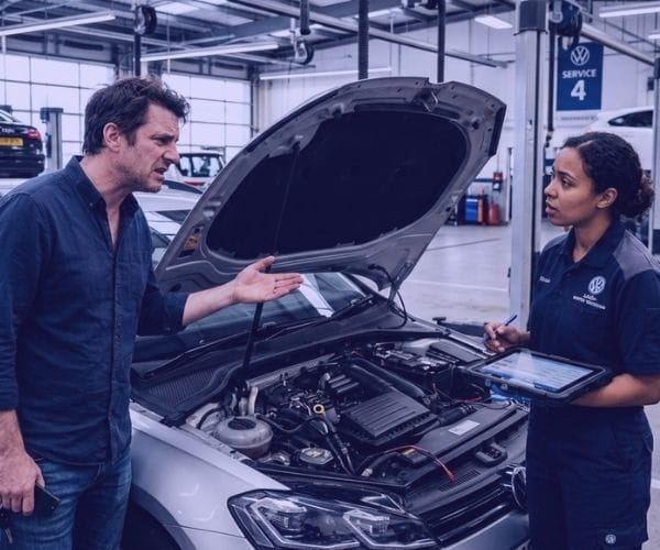 Automotive dealership after-sales service concept showing customer dissatisfaction and service management issues