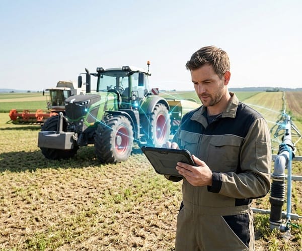 Modern agricultural equipment dealership using a Dealer Management System (DMS) to manage farm machinery sales, inventory, service operations, and customer support digitally.