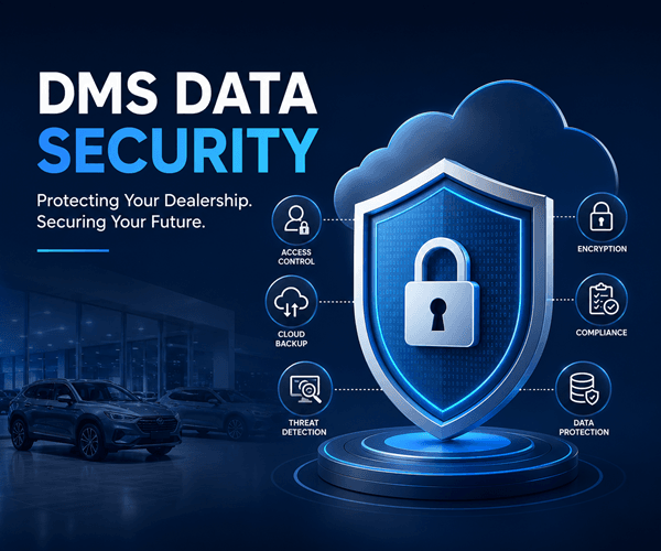 Modern car dealership dashboard with cybersecurity shield protecting customer and dealership data in a Dealer Management System interface.