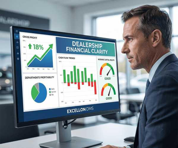 Dashboard displaying key dealership financial reports including profit margins, cash flow analysis, inventory costs, sales performance, and operational KPIs on multiple digital screens in a modern automotive dealership office.