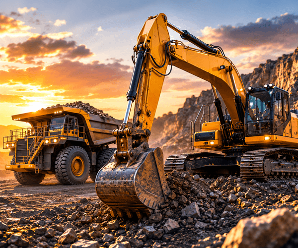Heavy equipment dealership operations managed through Excellon DMS with connected sales, service, inventory, and equipment tracking dashboards.