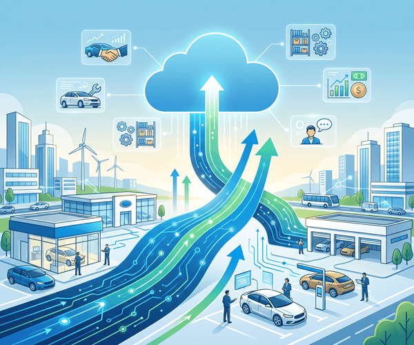 Modern auto dealership with digital lines connecting the showroom, service center, and inventory lot, illustrating a unified cloud-based Dealer Management System (DMS).