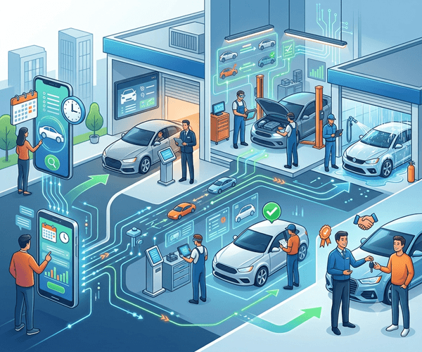 A detailed illustrative overview of a modern, multi-functional car dealership service center, showing customers at a reception desk, a diagnostic check station, a repair bay with a vehicle on a lift, a quality control check, and a car wash.