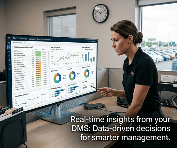 A professional woman in a 'City Auto' uniform looks at a detailed automotive DMS dashboard on a large monitor, which displays real-time sales and inventory charts, alongside overlay text about data-driven decisions.