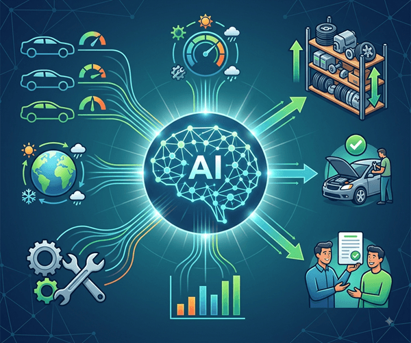 Illustration showing AI predictive intelligence connecting vehicle telemetry, weather patterns, parts inventory, and dealership service recommendations.