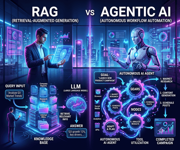 A futuristic illustration comparing Retrieval-Augmented Generation (RAG) data retrieval on the left with Agentic AI autonomous workflow automation on the right.