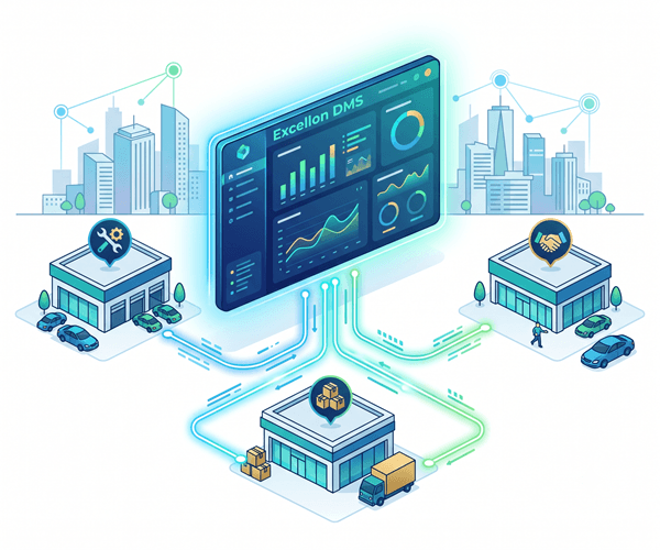 An isometric illustration showing three business hubs (labeled 'Service' with a wrench, 'Sales' with a handshake, and 'Inventory' with boxes and a truck) connected by glowing green and blue data streams to a central cloud-based dashboard screen displaying various graphs and performance charts. The background features a modern city skyline outline and network lines on a clean white surface.