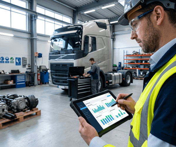 Service manager in a modern commercial vehicle depot using an advanced depot management system on a rugged tablet to track fleet uptime and workshop status.