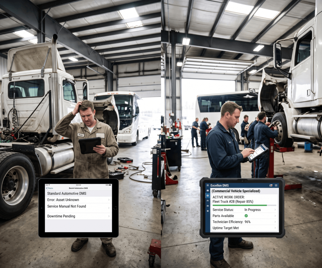 Comparison showing why standard automotive DMS fails versus specialized commercial vehicle dealership software in a truck workshop