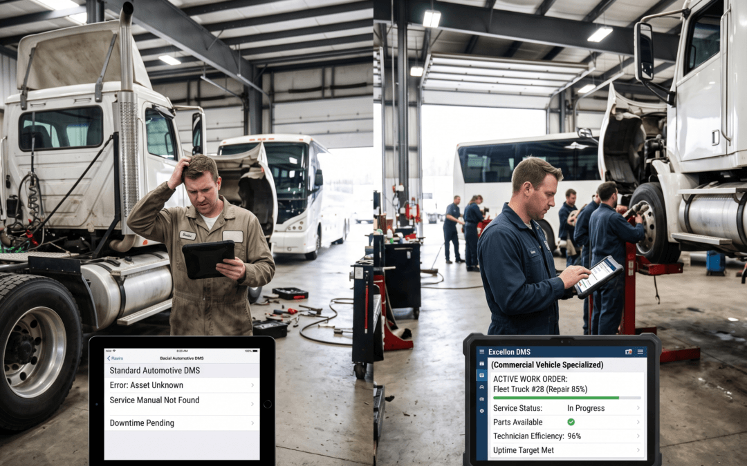 Comparison showing why standard automotive DMS fails versus specialized commercial vehicle dealership software in a truck workshop