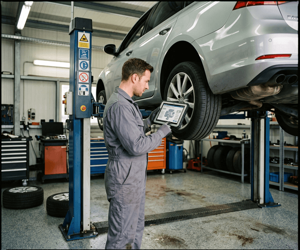 Automotive technician checking repair order and parts availability on a tablet in a service bay.