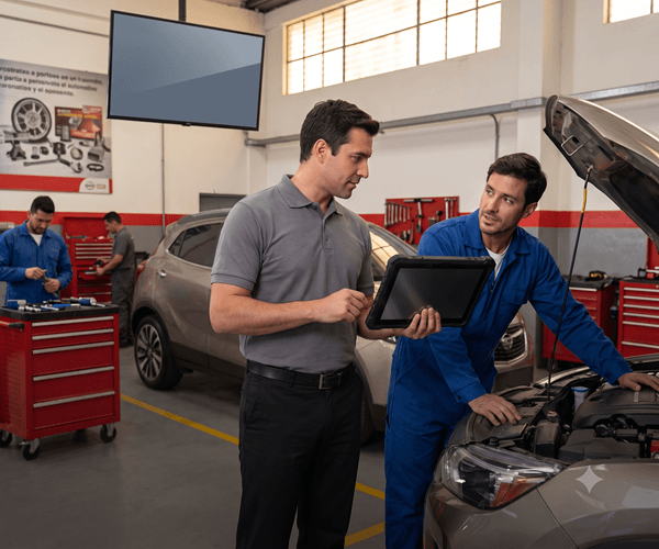 A dealership service advisor holds a tablet displaying vehicle diagnostic data while a technician looks up, discussing job card details via a Dealer Management System (DMS) in a modern, clean workshop setting.