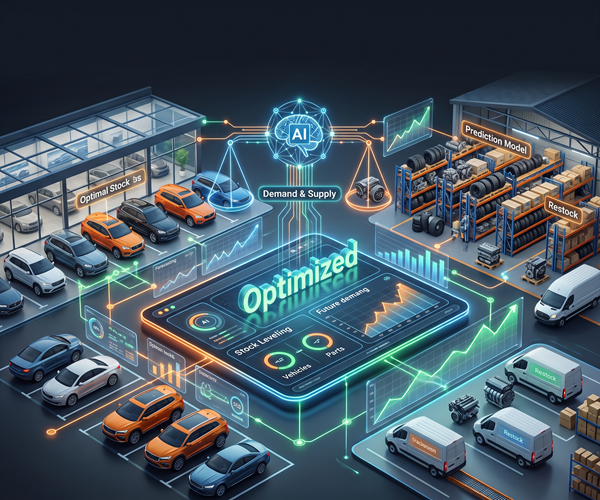 An futuristic, 3D digital illustration of AI-powered automotive inventory optimization, showing a digital dashboard labeled "Optimized" and "Stock Leveling" in the center. It connects a car dealership filled with vehicles on the left to a busy parts distribution warehouse with shelves and delivery vans on the right, balanced by a glowing brain and scale icon representing AI-driven "Demand & Supply" balancing.