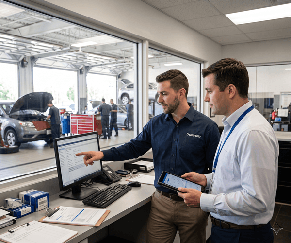 Two automotive professionals reviewing digital records on a computer monitor and tablet in a dealership office, with a busy service bay visible through the window behind them.